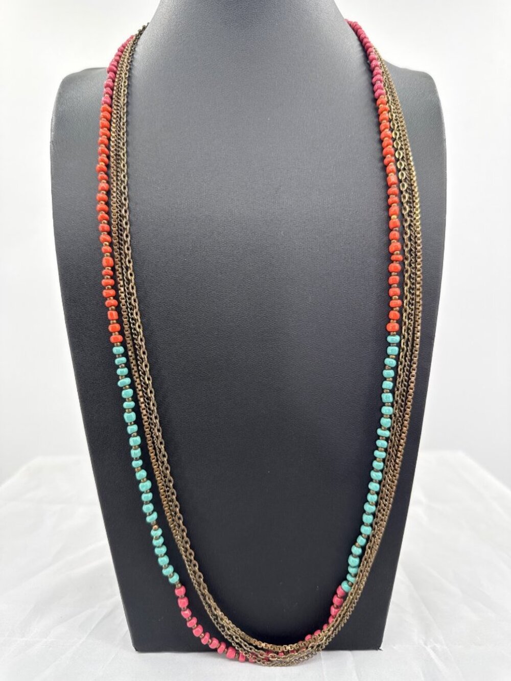 Boho Layered Multi Strand Bead Chain Necklace Turquoise Coral Pink Southwestern